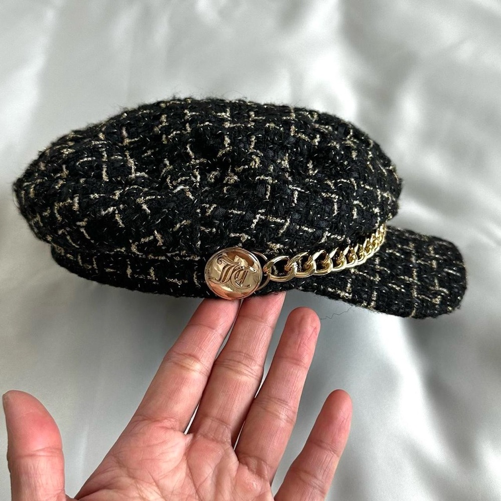 JUICY COUTURE! Chic Black Tweed Cap with Gold Chain- One Size